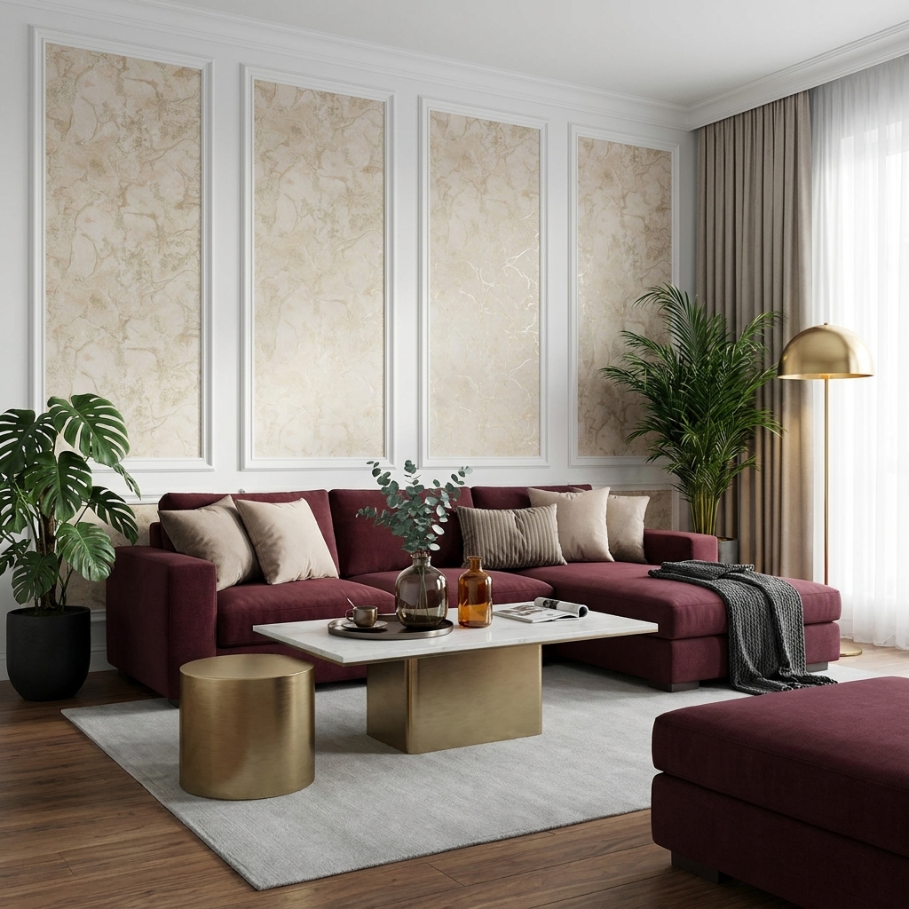 Modern living room with marble-look wall panels, burgundy sofa, and ...