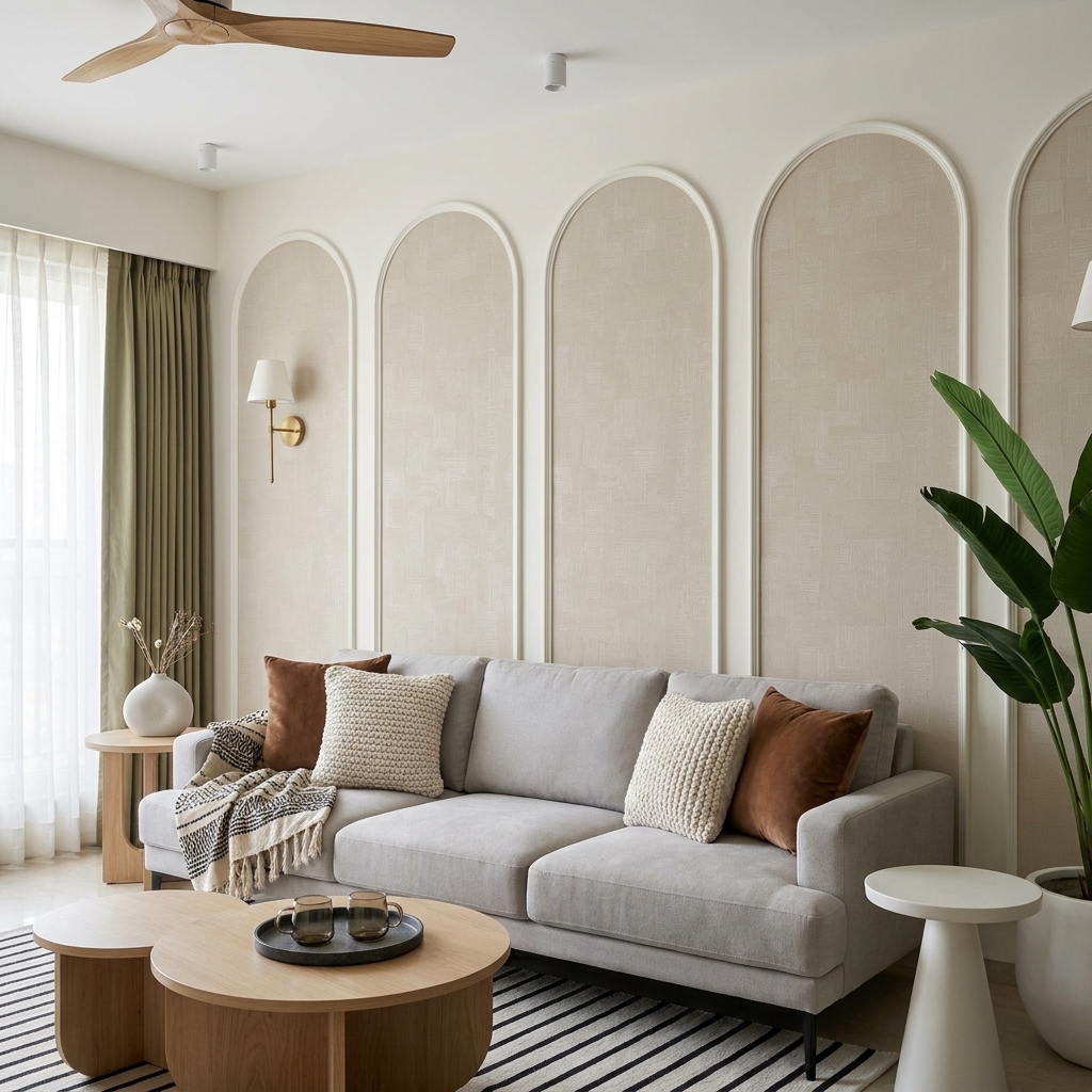 Scandinavian living room with beige textured wall panels and light oak ...